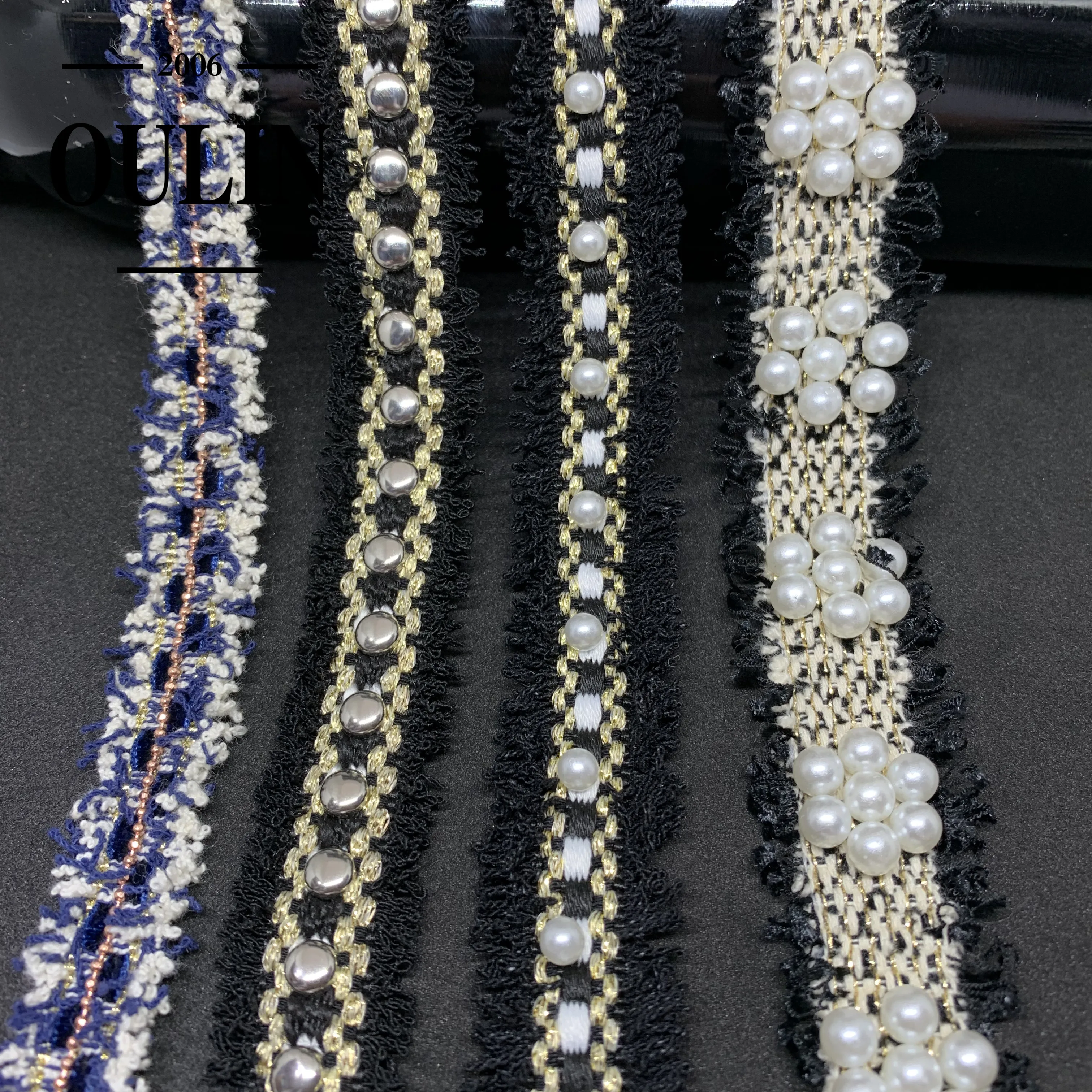 Hot sell new fashion design pearl metal nickle polyester ribbon decorative ribbon for garment accessories