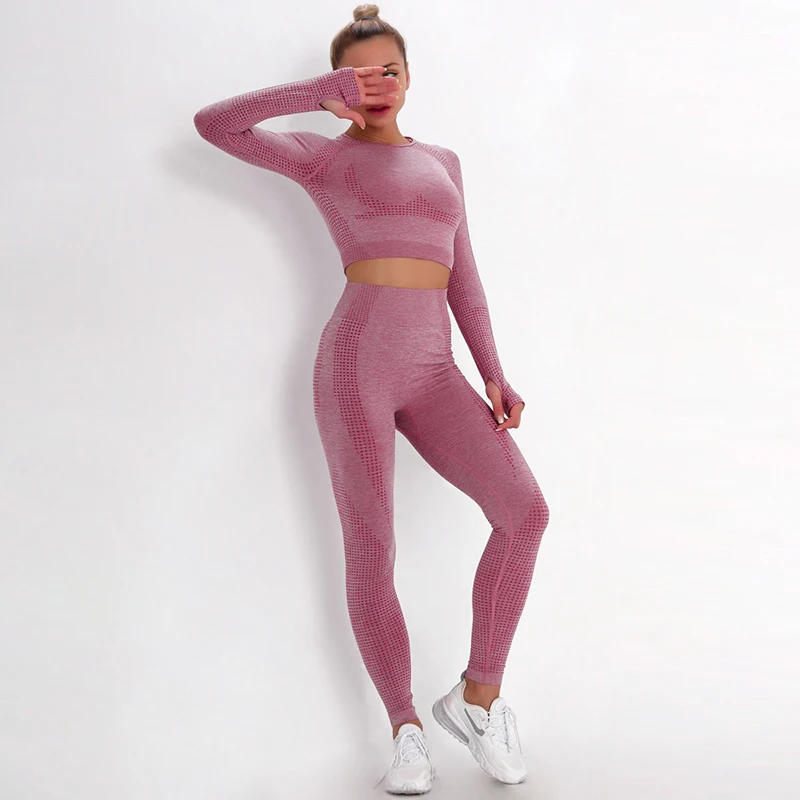

Wholesale ladies solid color fashion fitness elastic suit women 2021 seamless knitted two piece yoga set, 7 colors
