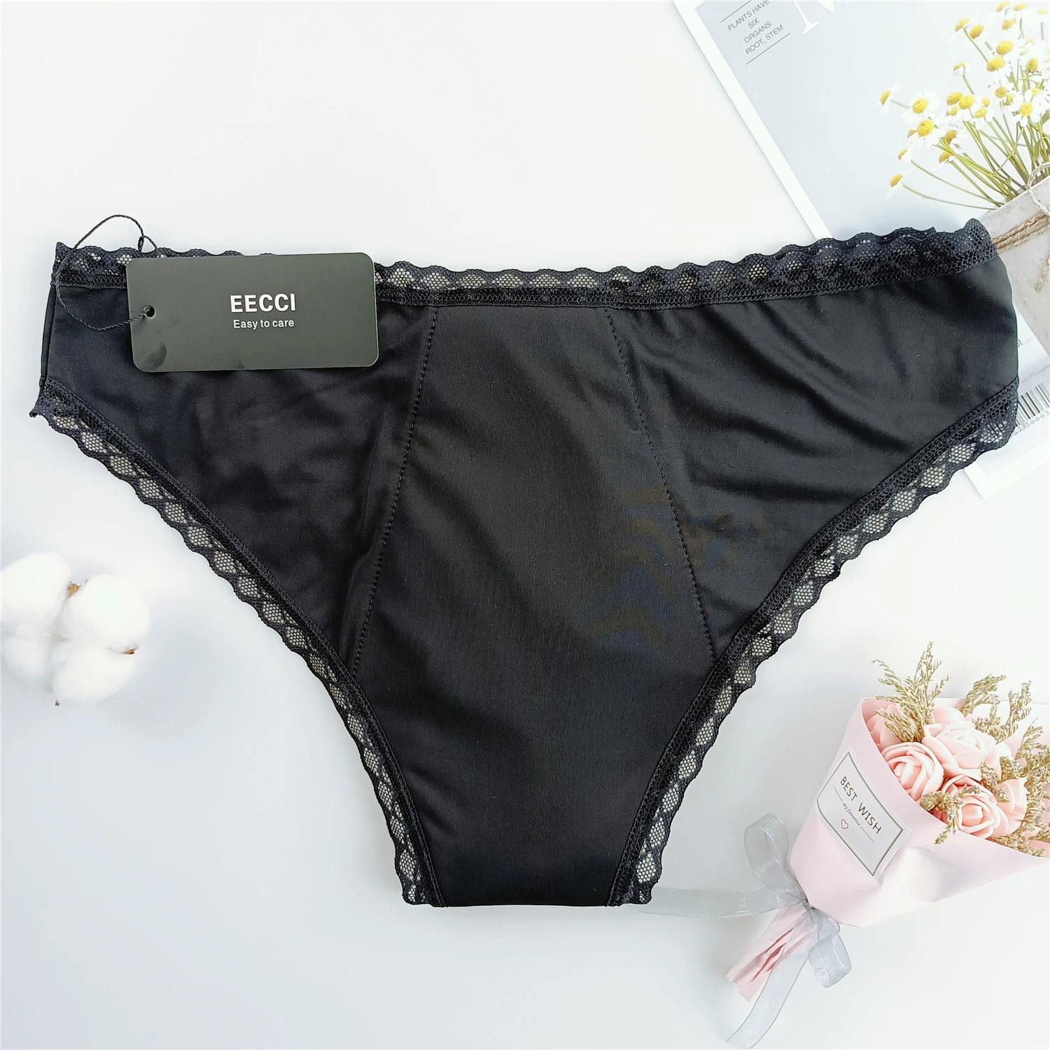 

EECCI Women Period Panties 4 Layers Women Period Underwear Menstrual Absorbent leak Proof Silk Washable, Black