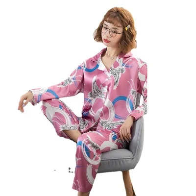 

Summer new style ladies shirt printing satin pajamas suit
