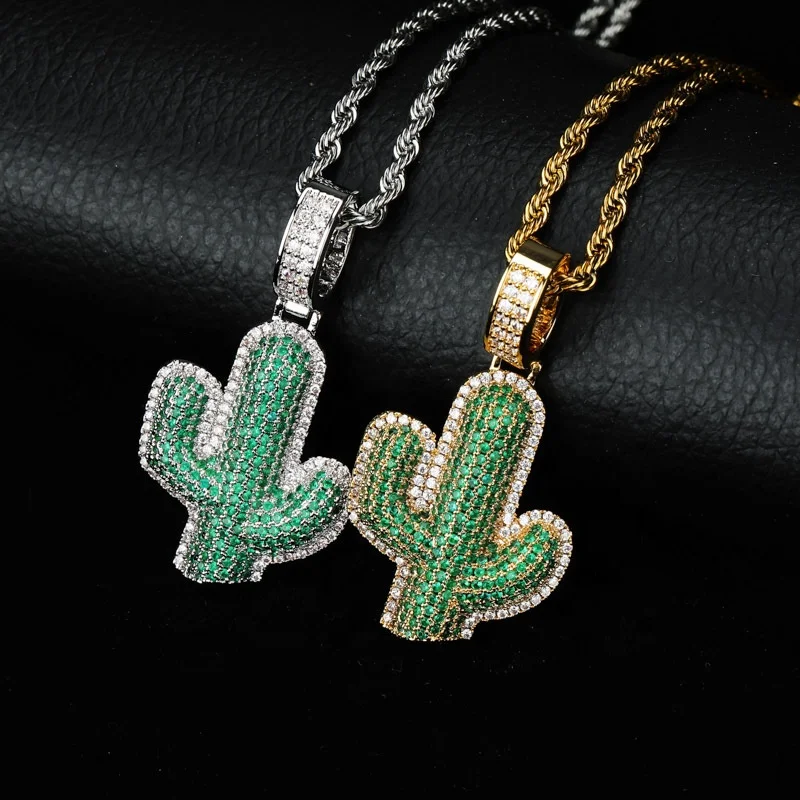 

New Iced Out Cactus Pendant Necklace Newest AAA Green Cubic Zircon Men's Charms Necklace Fashion Plant Hip-Hop Rock Jewelry Gift, Gold,silver