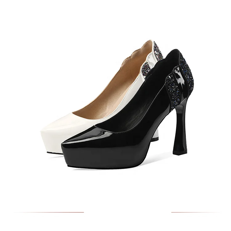 

Spring Season Pointy Leather Sequins Stylish Ladies' Black Hoof Heels, White, black