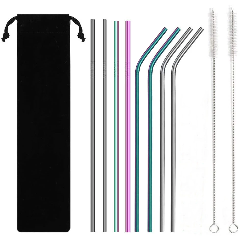 

Best Seller Stainless Steel Cleaning Straw Brushes Tableware Rainbow Reusable Metal Bar Boba Straws With Beach Tote For Drinks