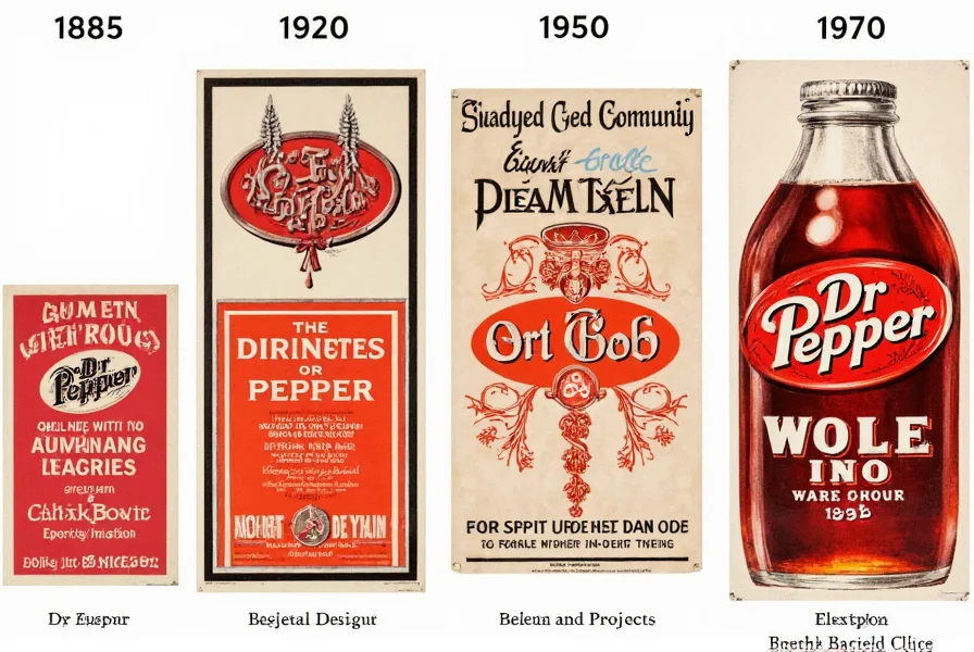 Vintage Dr Pepper advertising posters showing evolution of logo and spelling from 1885 to 1950