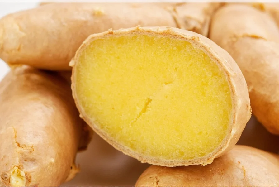 Close-up of fresh ginger root showing fibrous texture and golden interior