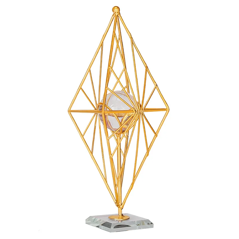 

Hot Sale Modern Luxury Home Decoration Interior Abstract Wire Metal Art Craft Tabletop Sculpture Crystal Ball Ornaments Decor, Gold