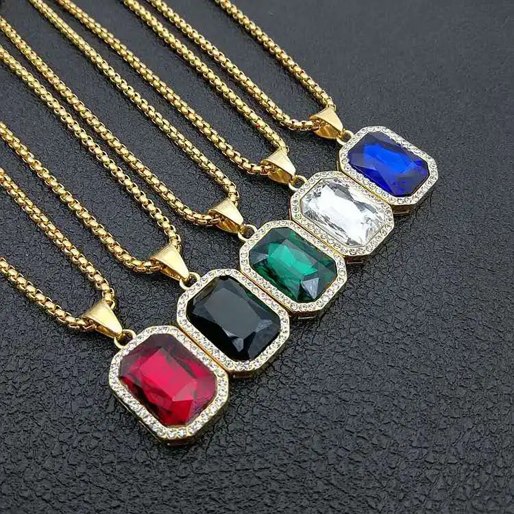 

Free Sample Customized Trendy Stainless Steel Chain Multicolor Baguette 18k Gold Plated Pendant Necklace for women men