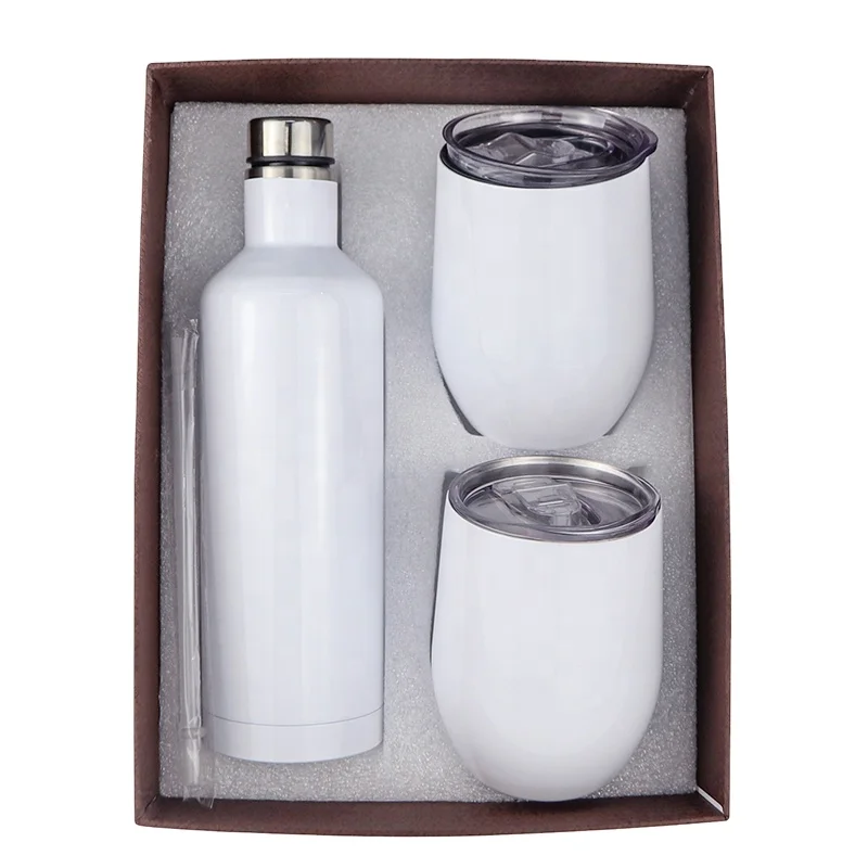 

500 ML Sublimation Blank 304 Stainless Steel Double Wall Wine Bottle Gift Set Wine Cup With Straw, White