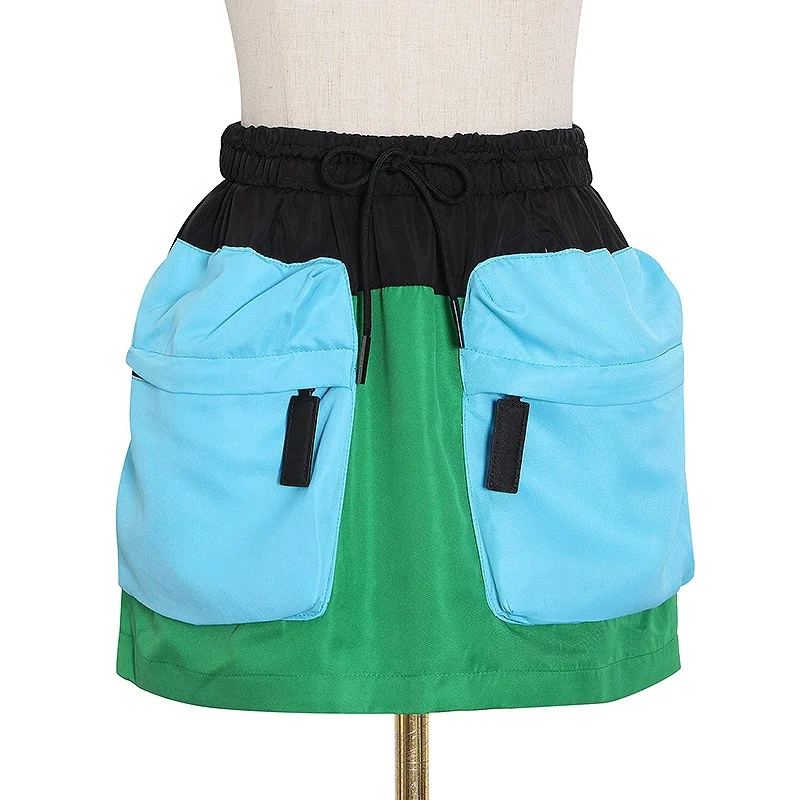 

TWOTWINSTYLE Skirt For Women Patchwork High Waist Pocket Plus Size Hit Color Mini Skirts Female