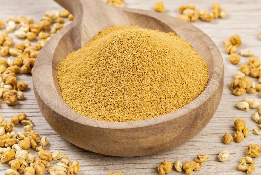 Close-up view of fenugreek seeds in glass jar next to measuring spoon on wooden table