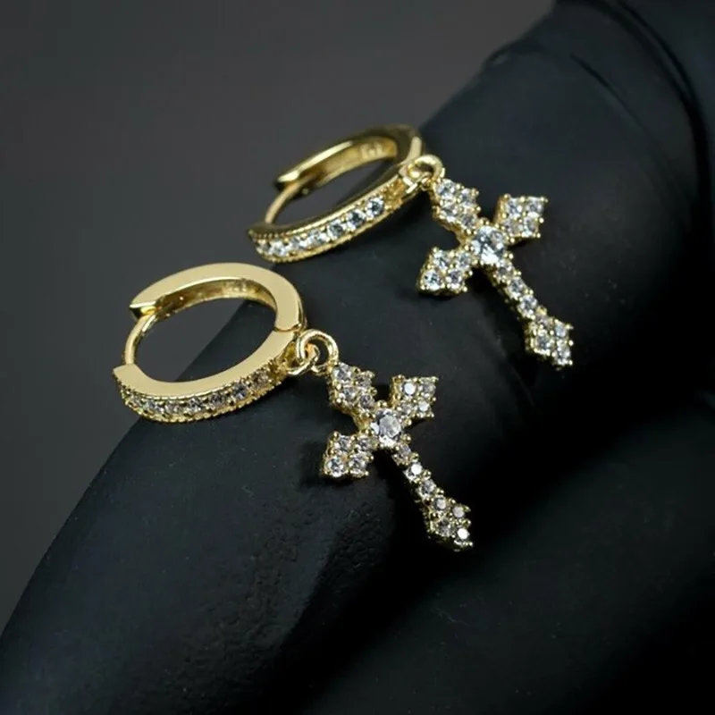 

America Best Selling 18K Gold Plated Prayer Ankh Clip-on Earrings Unisex Glitter Cubic Zirconia CZ Cross Vintage Drop Earrings