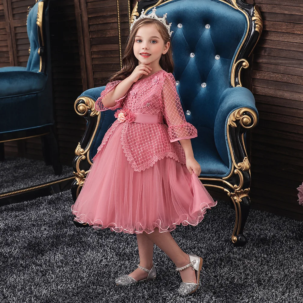 

Autumn New Style Children's Princess Children's Catwalk Puffy Lace Three-quarter Sleeves Host Piano Costume Dress, Pink,yellow,red,purple,blue