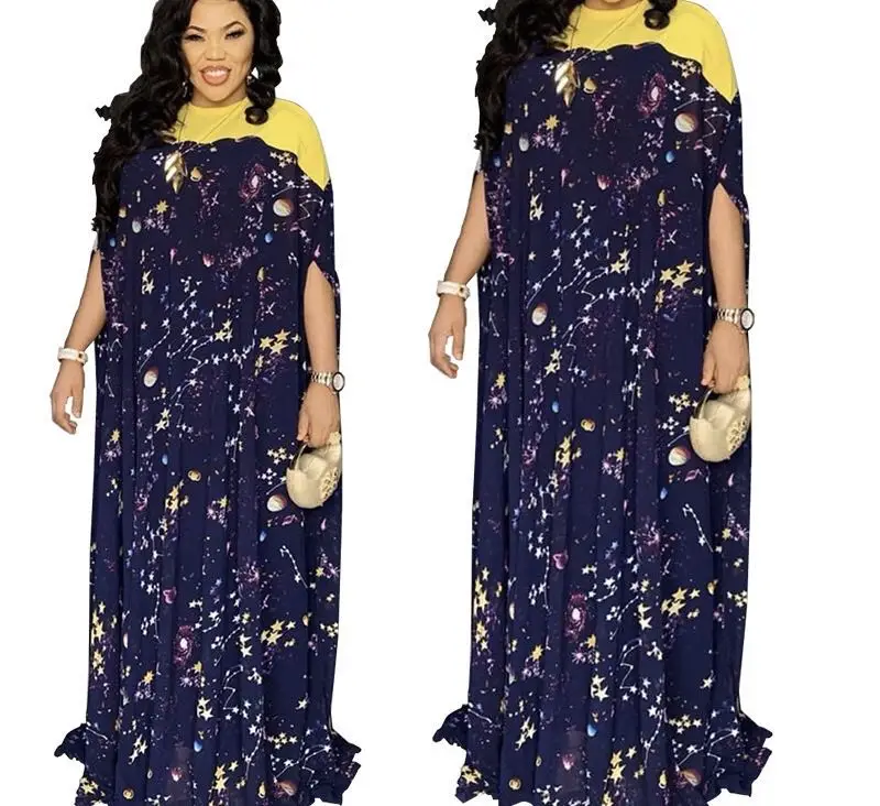 

Turkey&Muslim women abaya style long gown chiffon dress batwing sleeve printed dress, Dark blue or customized