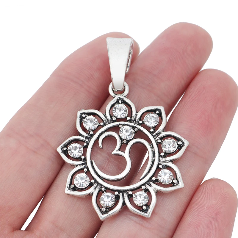 

Antique Silver Hindu OM AUM Crystal Rhinestone Yoga Lotus Flower Charms Pendants for Necklace Jewelry Making
