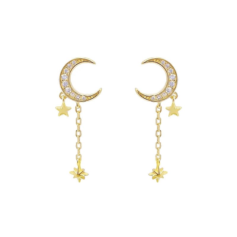 2022 INS 925 Sterling Silver  Moon Stars Stud Earrings Zircon Korean Gold Stud Earring For Women Personality