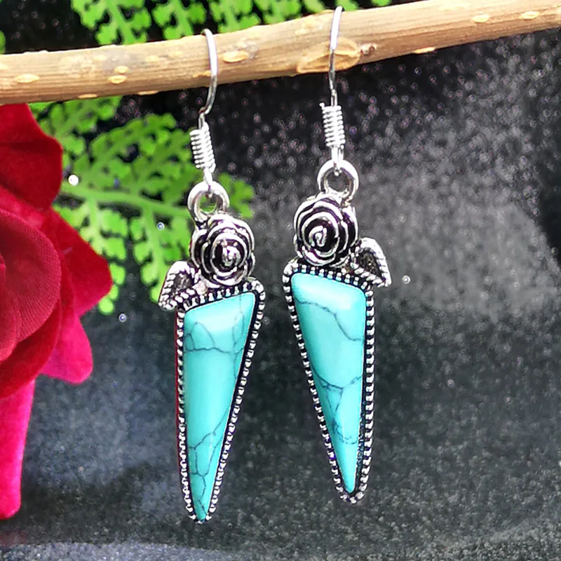 

2021 Hot Sale Fashion Vintage Accessories Rose Long Triangle Turquoise Retro Earrings For Women Girls, Silver