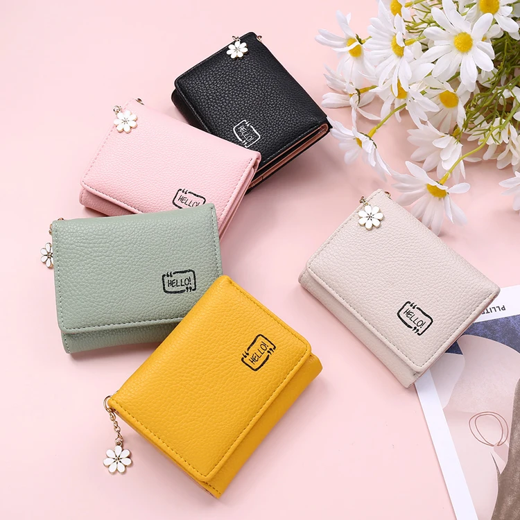 

New Fashion Female Short Paragraph Ladies Student Wallet Simple Folding Card Holder Cute Pu Tri-Fold Coin Purse, 5 colors