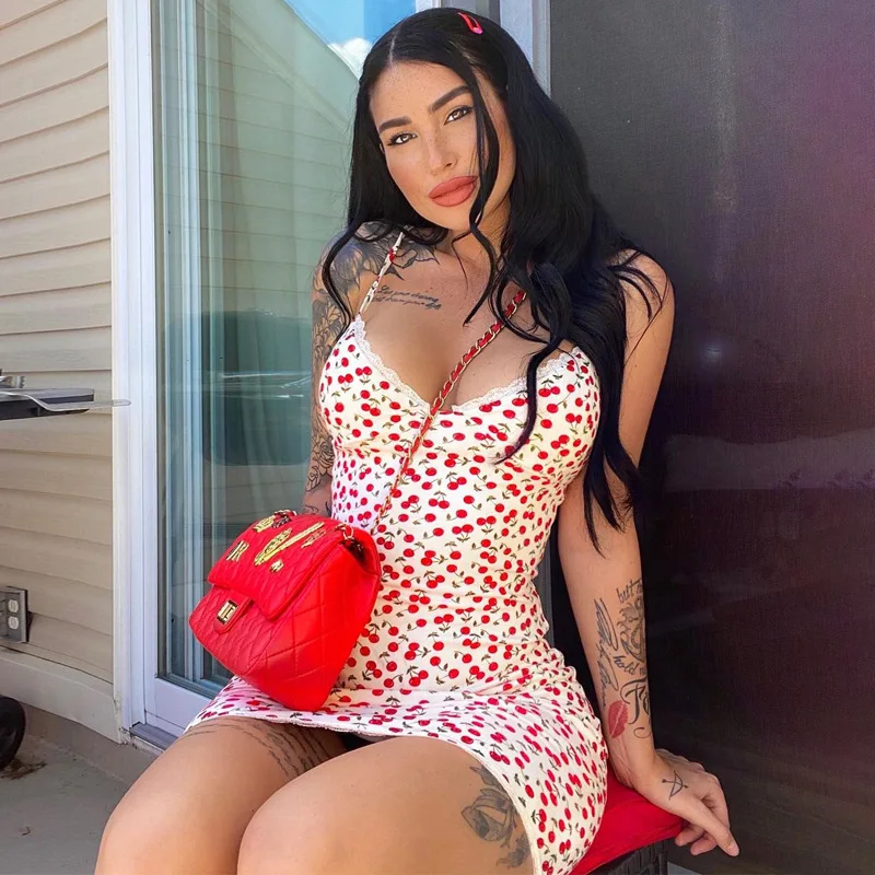 

Elegant Sexy Cherry Printing Lace Patchwork V Neck Party Women Cute Mini Dresses 2021 Summer, 2 colors in stock
