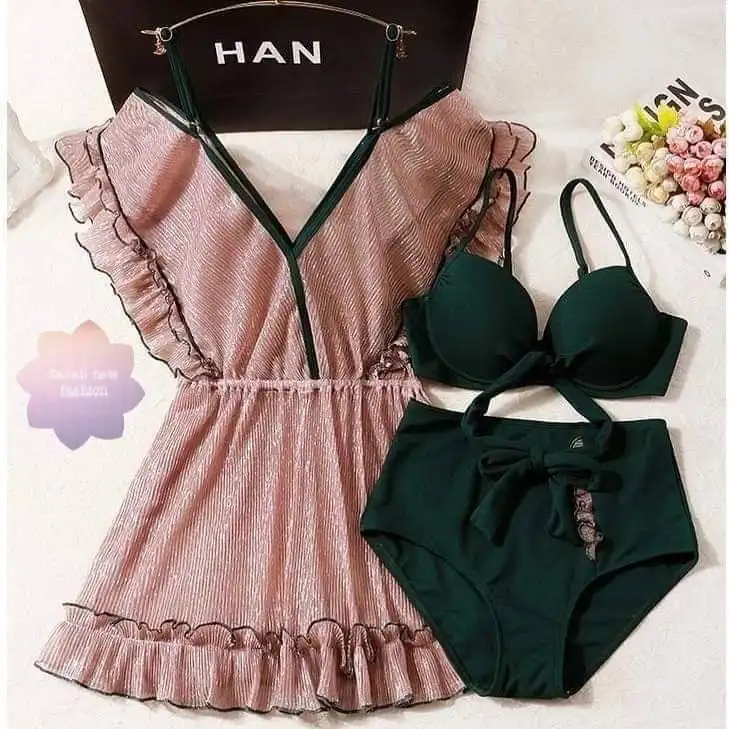 

Summer Women's Swimsuit 3Pcs Set Split Body Sunscreen Cover Up Thin Korean Style Ins Ruffled Bikini Solid Swimwear For Ladies, Golden,purple