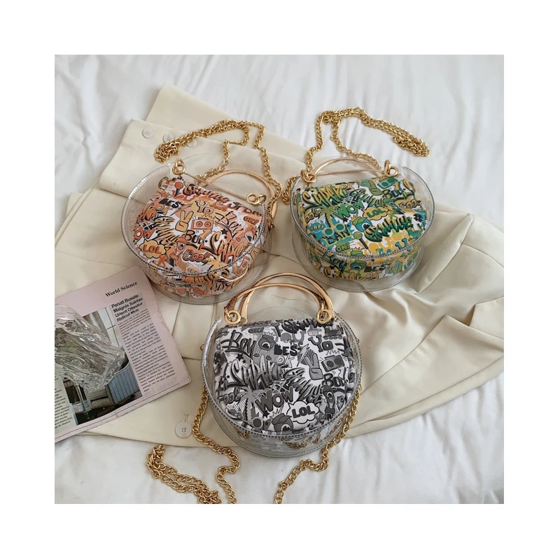 

Leisure Ladies Jelly Bags Funny Graffiti Round Hand Bags Luxury Chains Shoulder Bag Purses for Women