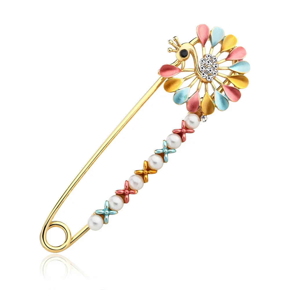 

Enamelled Rhinestone Crystal Alloy Pearl Garments Clothing Silk Scarf Jewelry Peacock Pins Brooch Big Pin For Women Girl