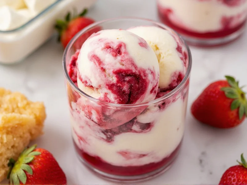 Homemade ice cream with layered fruit swirls in glass bowl