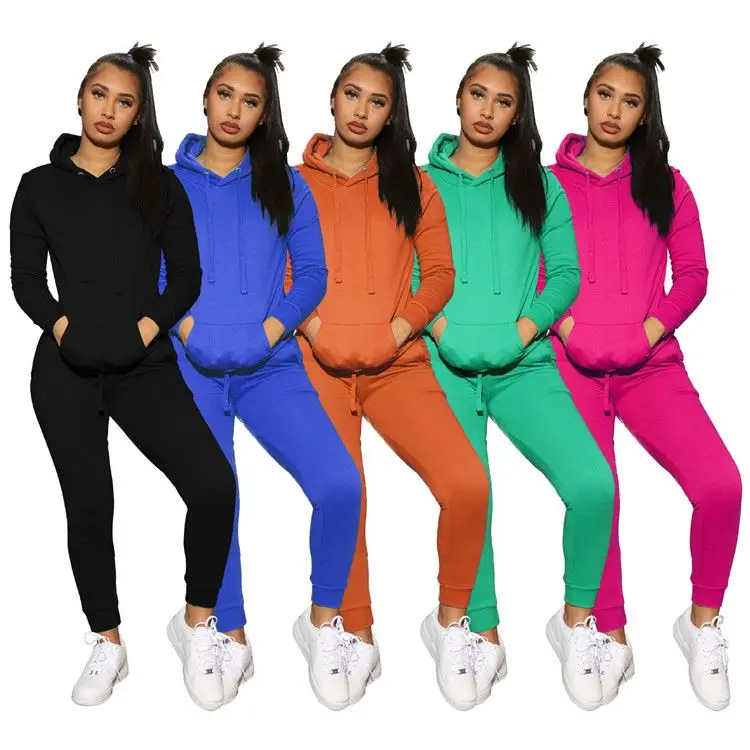 

W8732 womens clothes 2020 hoodie sweatpants set solid color fall two piece sets