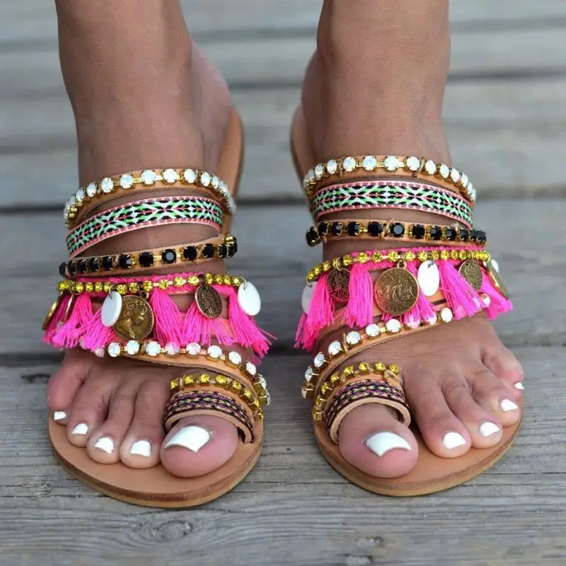 

Wholesale handmade beaded tassel bohemian rhinestone neon sandals shoes slippers women toe ring sandals zandalias mujer, Neon pink