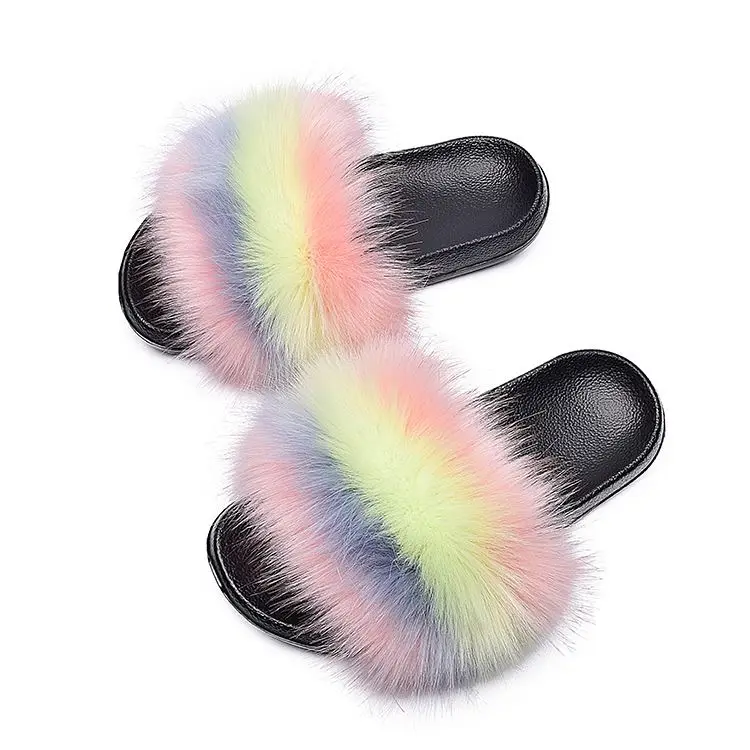 

2021 hot sale soft big fluffy fur slides faux fur slides slippers real