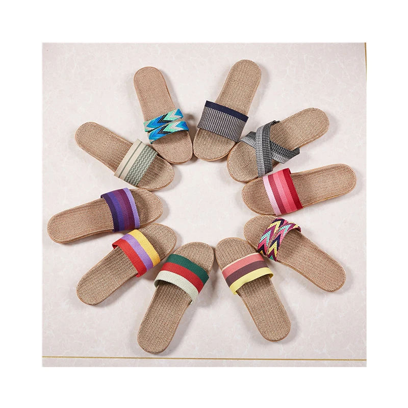 

Women Summer Home Anti Skid Flax Slippers Manufacturers Wholesale Strap Couple Linen Slippers, As picture