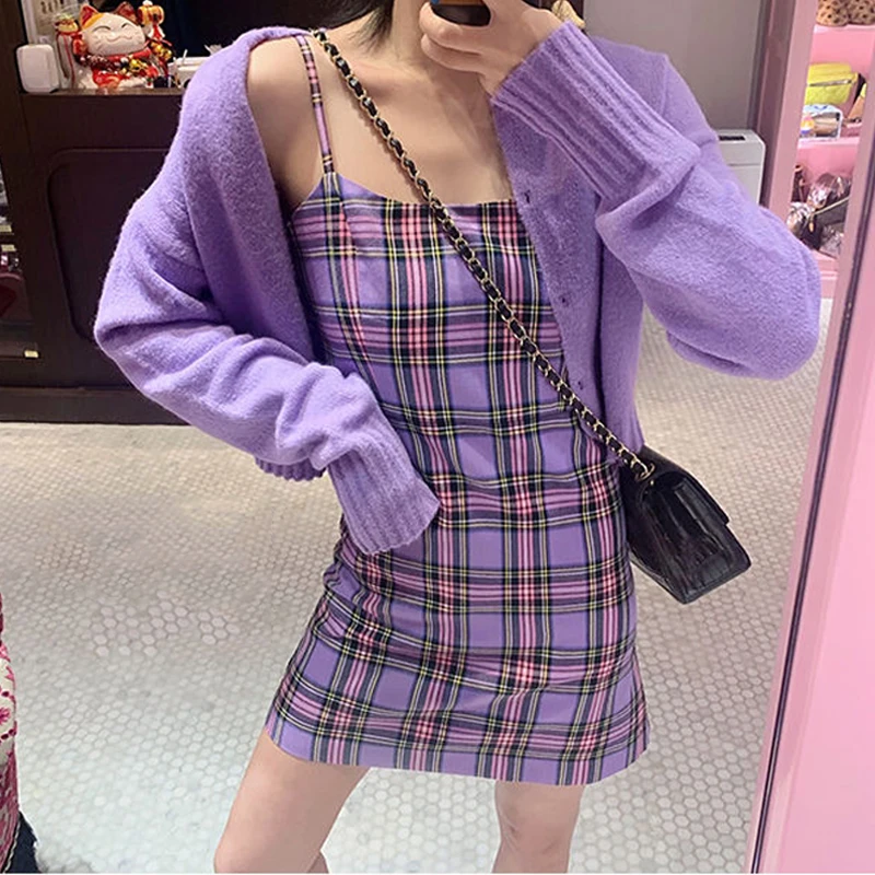 

Purple Plaid Print Slip Dress Female Women's Summer Sundresses Cage Casual Sexy Staple Mini Short Dresses Backless 2021