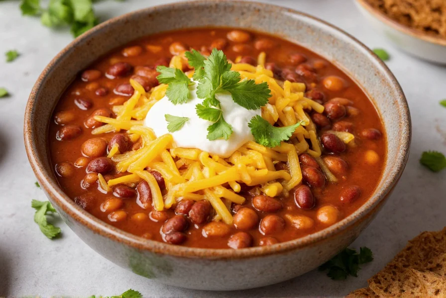 Finished bowl of chili beans with melted cheese, sour cream, and fresh cilantro garnish
