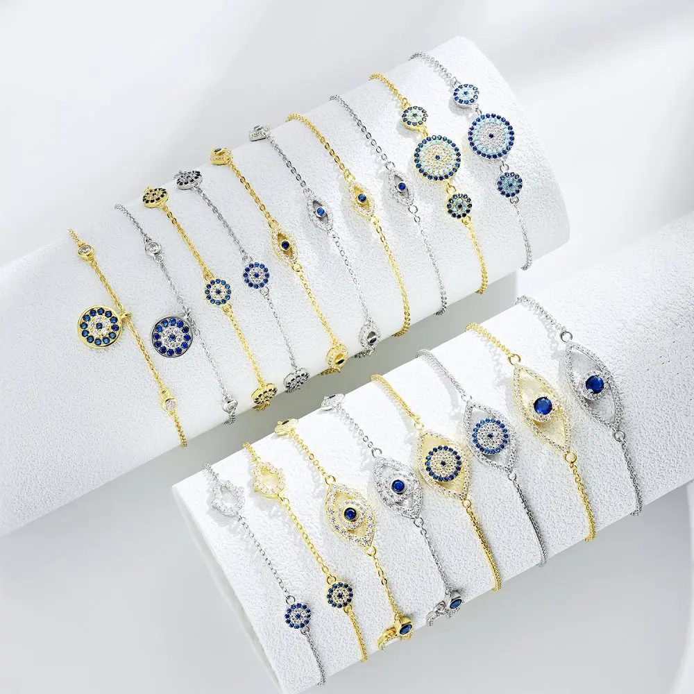 

20+ New Designs Charm Religious 925 Sterling Silver Hamsa Vintage Gold Plated Women's Blue Evil Eyes Pendant Bracelet Jewelry
