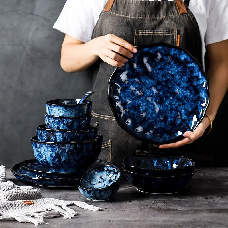 

High Fashion Ceramic Dinner Plates And Bowls Spoon Blue Dishes Creative Japanese Retro Kiln Changed Tableware Dinnerware Set