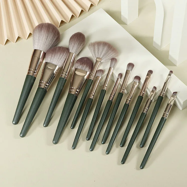 

Private Label 14pcs Green Makeup Brush Sets With bag Pincel Maquiagem Synthetic Nylon Hair Foundation Eyebrow Brush Makeup Brush