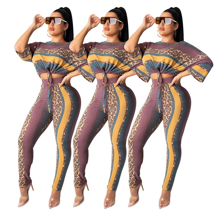 

YH 9090918 wholesale new leopard stripe pencil pants loose crop top women jumpsuits 2 piece sets