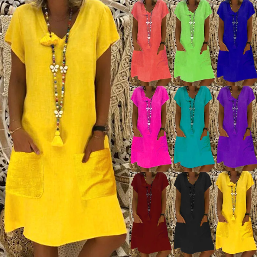 

Women's Summer Casual Loose Dresses Plus Size S-XXXXXXXXL Short Sleeve V Neck Split Midi Dress with Pockets