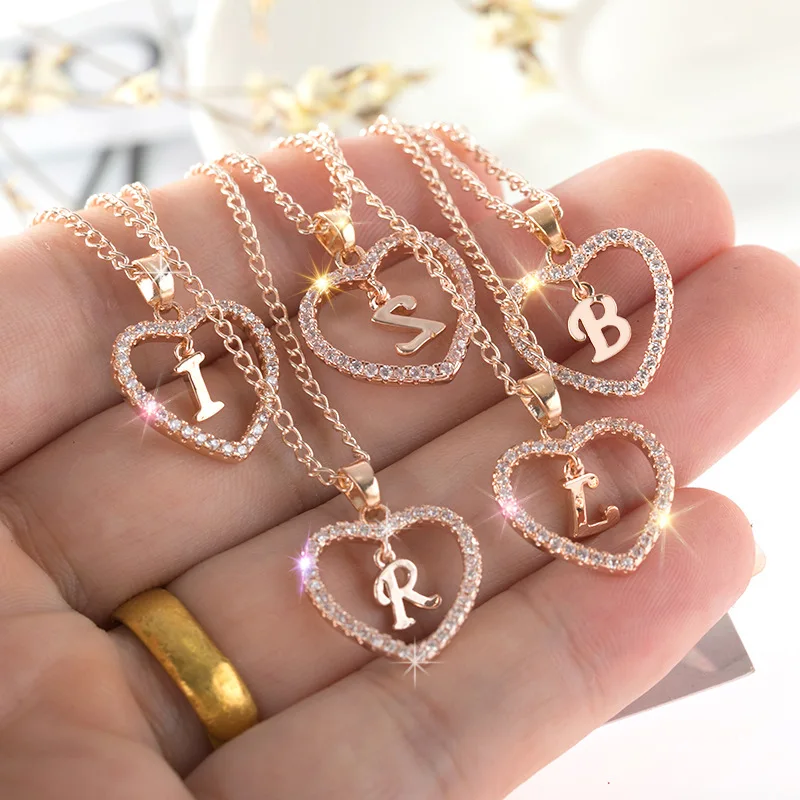 

HOVANCI Women Hearth Pendant Necklace Zircon 26 Letter Necklace Heart Necklace Jewelry