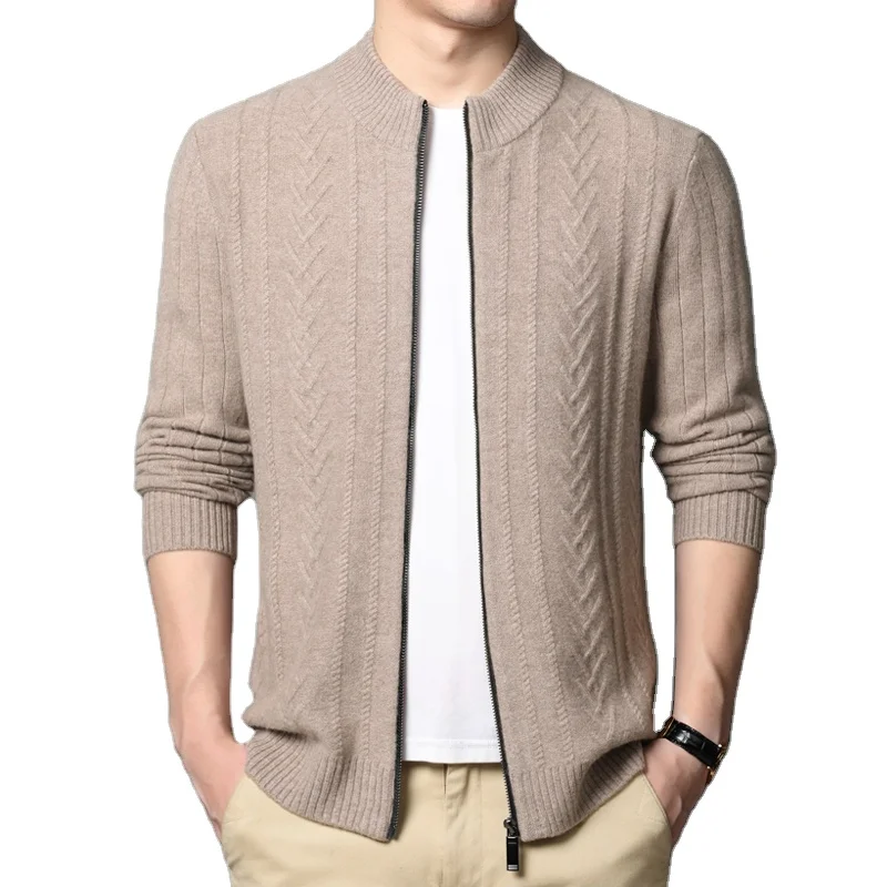 

Men's Regular Fit Pure Wool Casual Solid Crew Neck Long Sleeve Full Zip Knitted Cardigan Sweaters