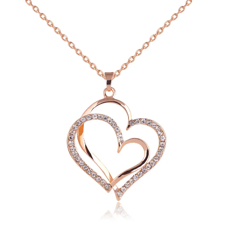

Rose Gold Crystal Double Heart Necklace Luxury Jewelry Love Heart Necklaces Valentine's Day Wedding Jewelry BHN047