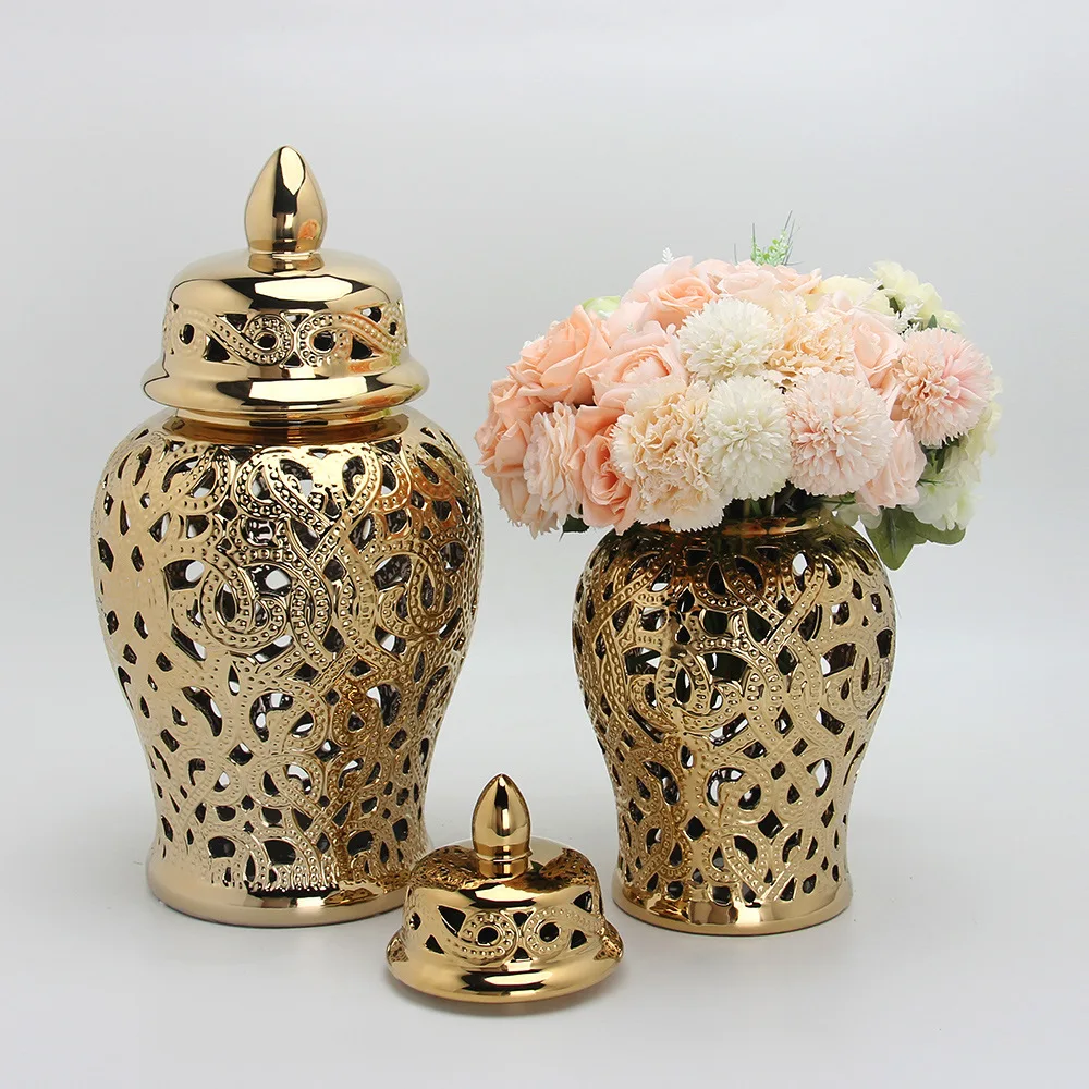 

Wholesale Custom Home Hotel Decorative European Style Floor Ceramic Extra Large Gold Hammered Ginger Jar Vase