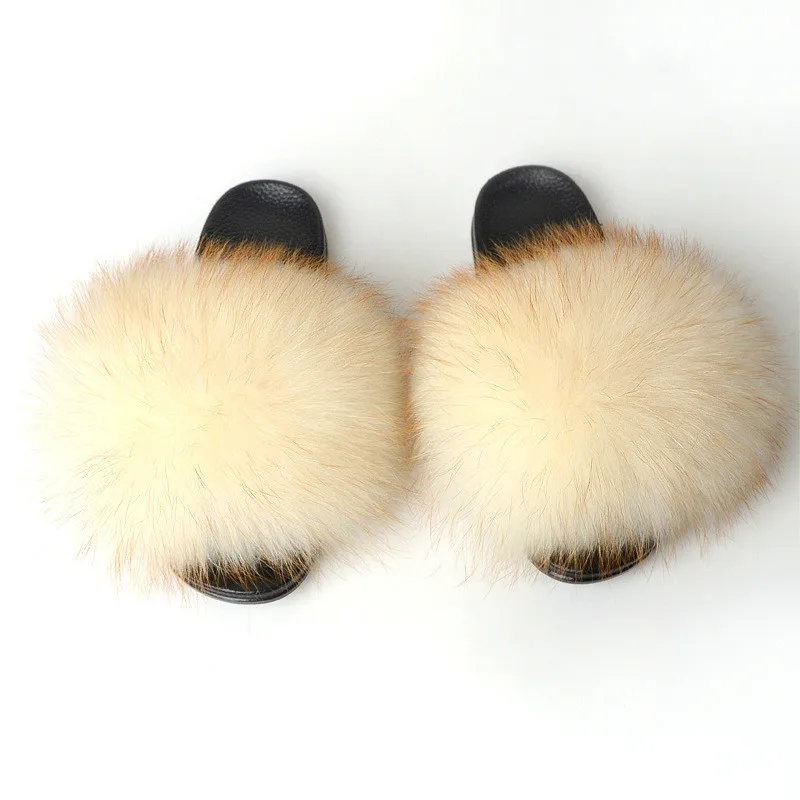 

wholesale Women Summer Solid Beach Custom Color Soft Flat Fluffy Raccoon Fur Slippers