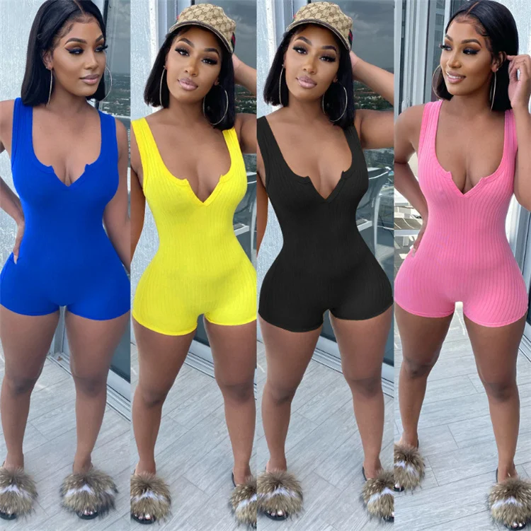 

Free Sample Sexy V Neck Playsuit One Piece Women Rompers Short Jumpsuit Summer Women Knit Ribbed Slim Shorts Romper