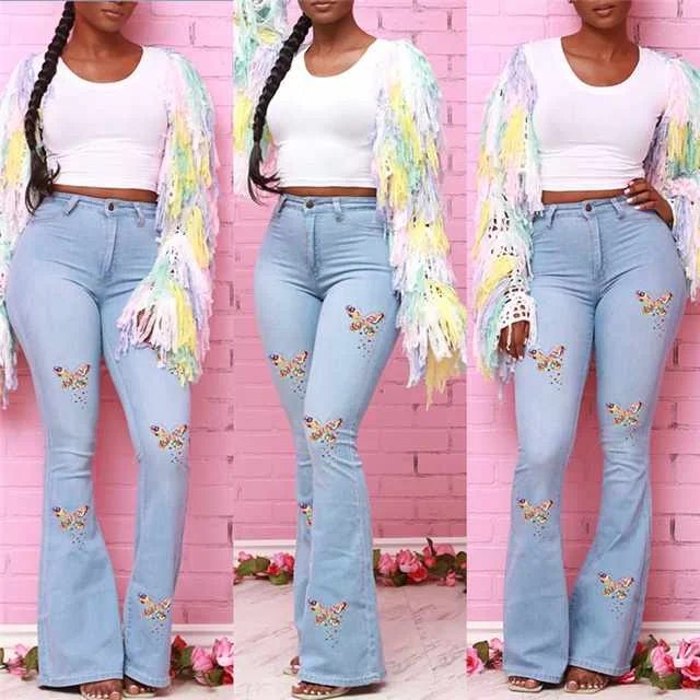 

Women's Stretch High Waist Butterfly Print Fashion Denim Trousers, Picture color