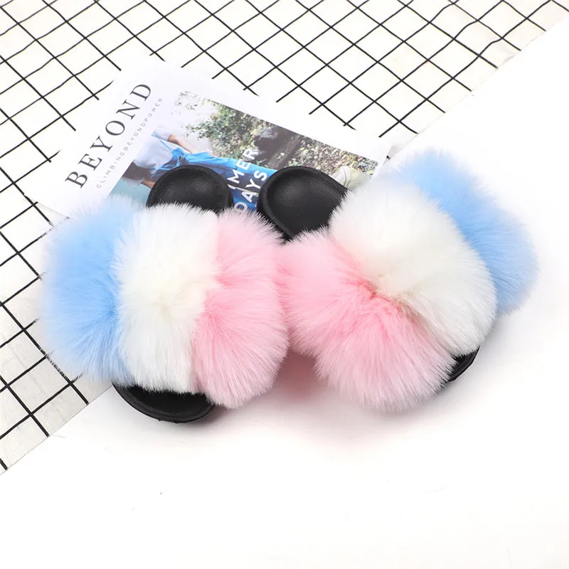 

Fluffy flat sandals multi color fox fur ball slippers fur slides with balls, Red,blue ,green ,orange ,brown