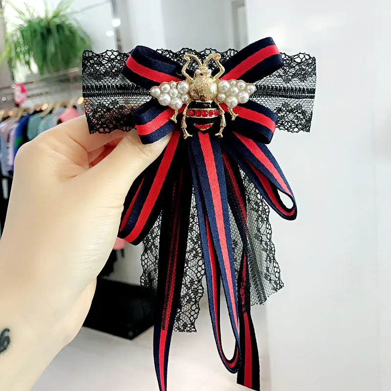 

wholesale safety pin corsage bow brooch women female cloth decoration big fabric lace pearl bee brooch brooches pin, Picture