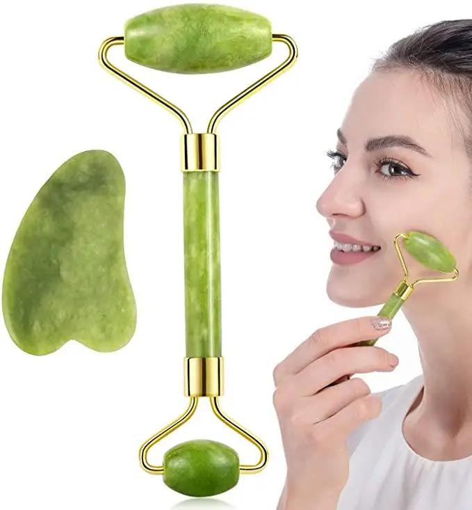 

3 in 1 Kit with Facial Massager Tool 100% Real Natural Jade Stone Anti Aging Face Anti-Wrinkle Jade Roller and Gua Sha for Face