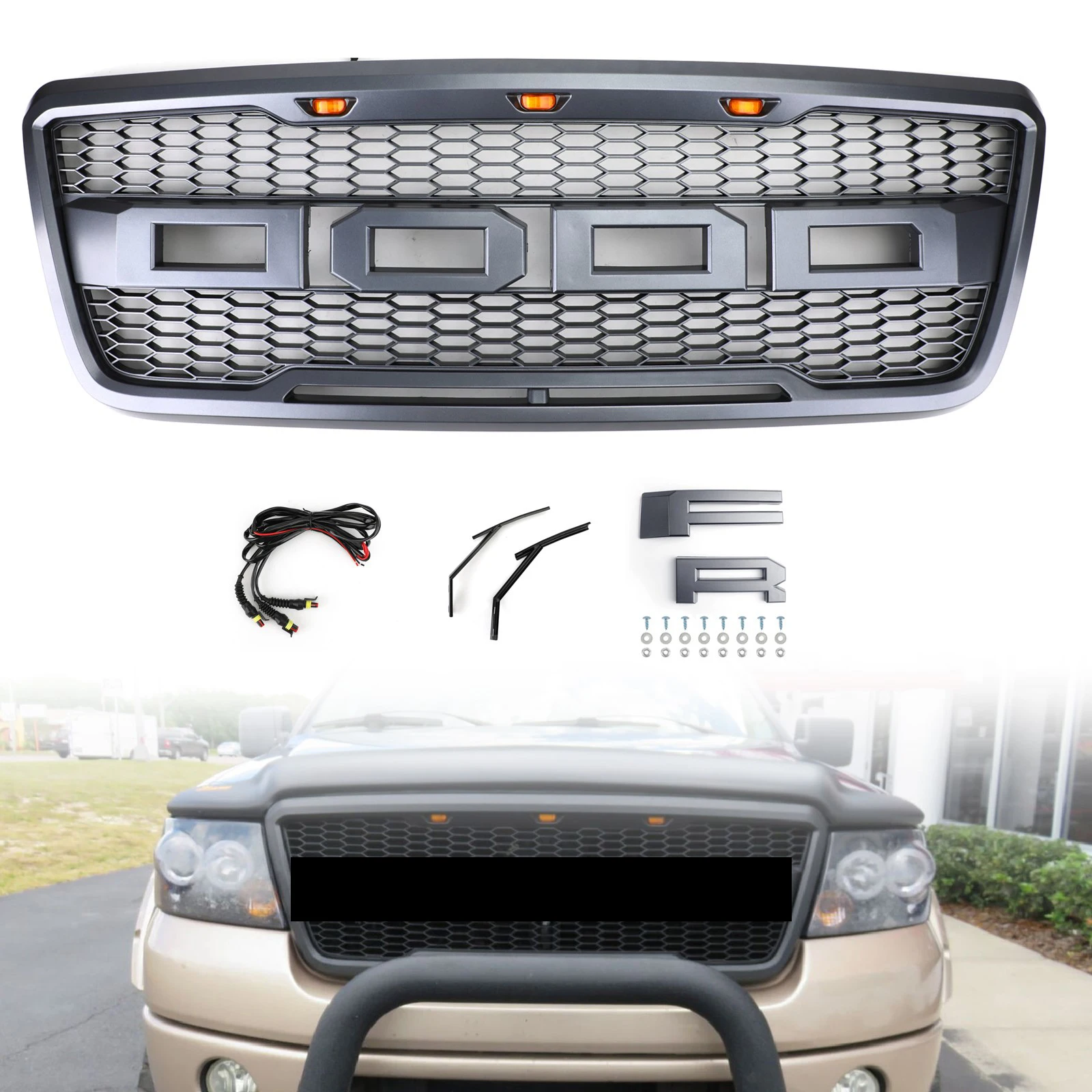 

Areyourshop Raptor Style Front Mesh Hood Grill Grille For Ford F150 F-150 2004-2008 With LED and Logo