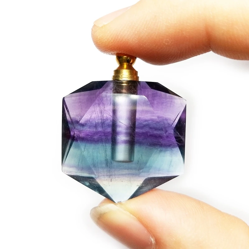 

Natural fluorite star perfume bottle rainbow gemstone faceted cut pendants Star of David Hexagon Essential Oil Diffuser Charm, Multi