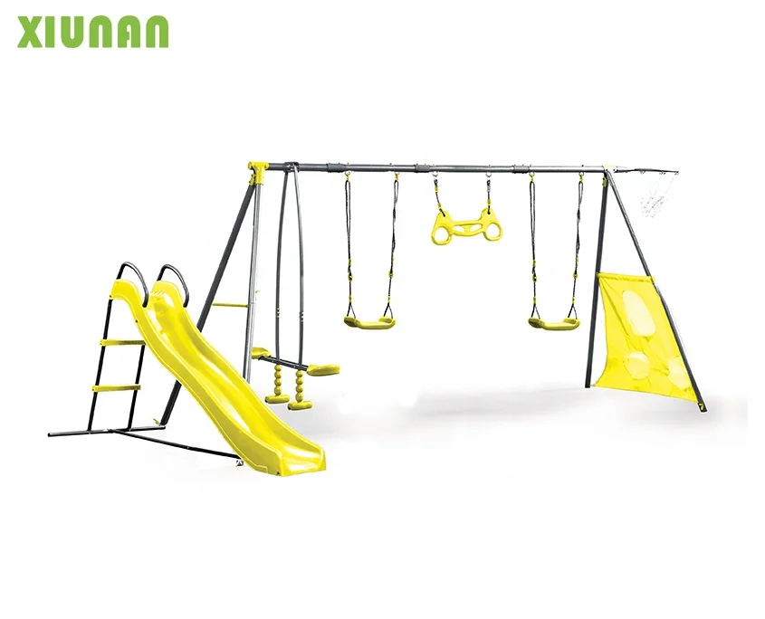 

Seven Functions Play set Outdoor Metal Playground Swing Set With Plastic Slide, Yellow